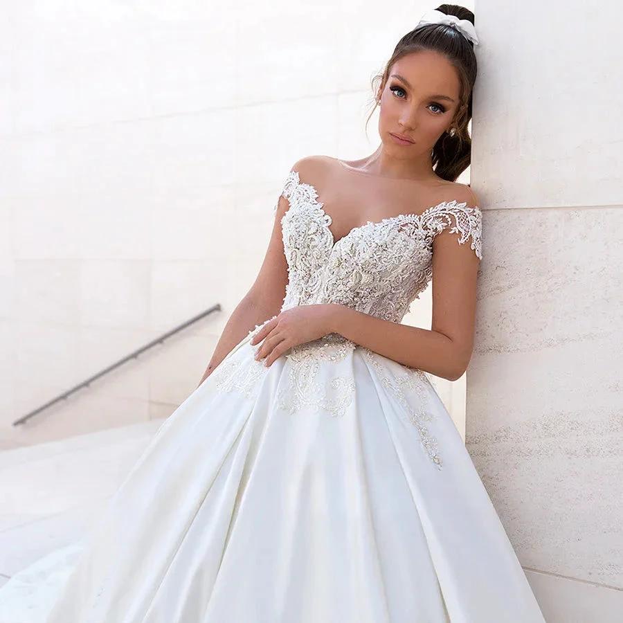 Sexy Off Shoulder Wedding Dresses A-Line Lace Applique Women's Elegant Sleeveless Beach Party Satin Beads Applique Bridal Gowns (ZD14130)