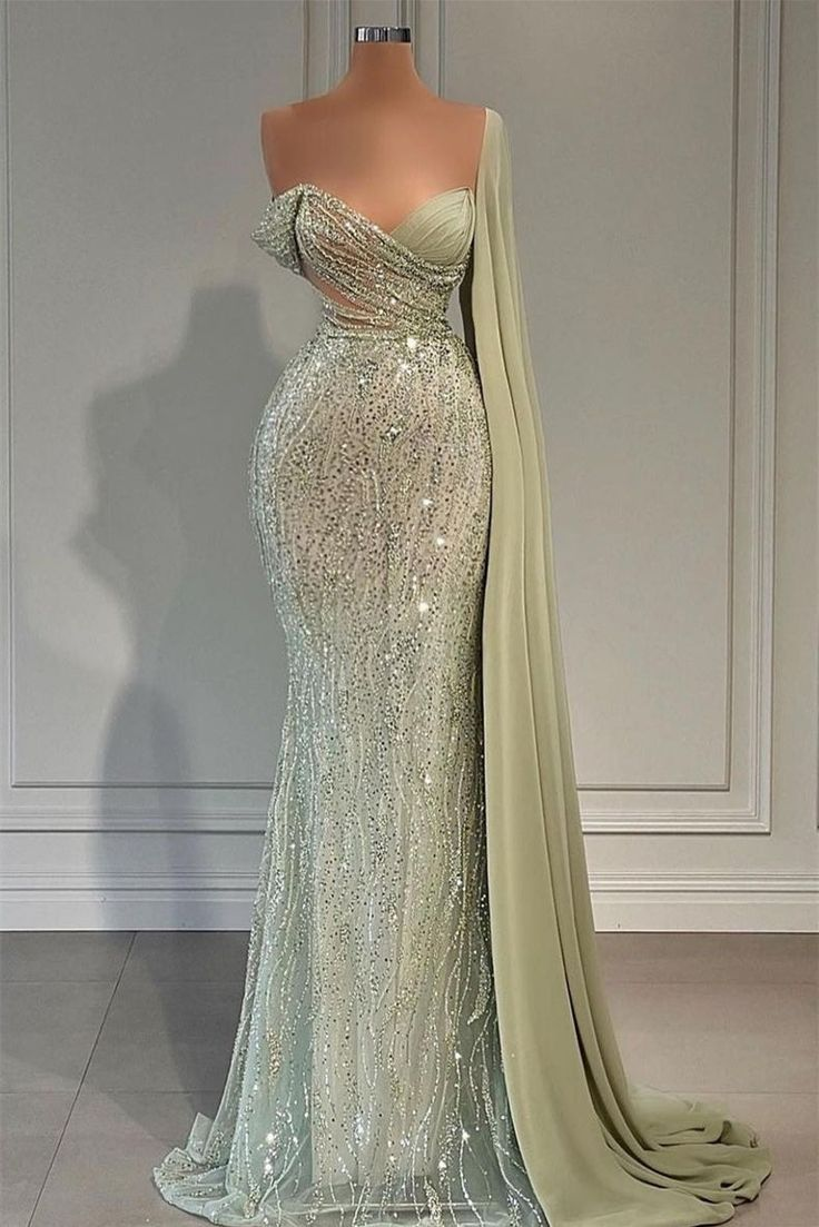 Luxurious Sweetheart Strapless One Shoulder Sequined Floor-length Mermaid Prom Dress Evening Dress