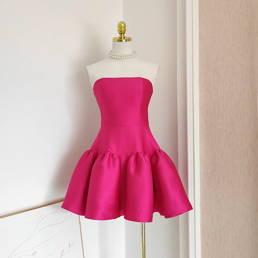 Cheap A-Line Strapless Hot Pink Satin Short Homecoming Dresses Birthday Outfits - FashionDia
