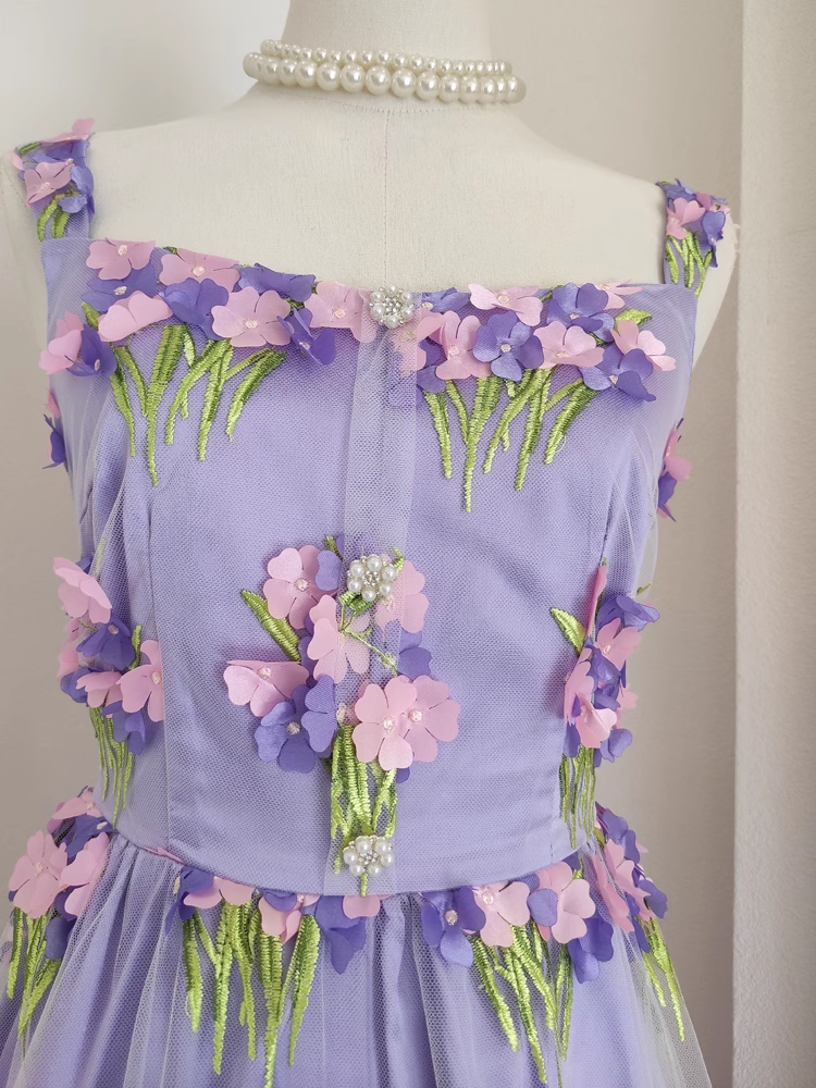 Cute A-Line Straps Sleeveless Lilac Floral Party Dress Short Birthday Outfits - View 5 | FashionDia