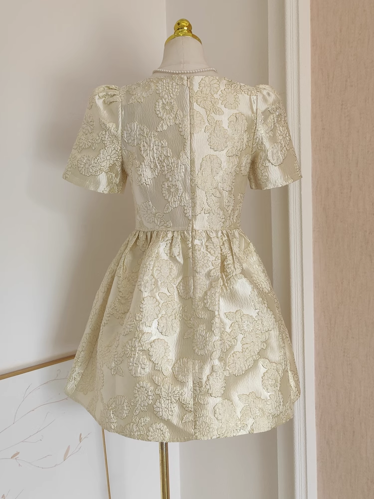 Cute A-Line Short Sleeves Satin Gold Floral Cocktail Dress Short Birthday Outfits - View 2 | FashionDia