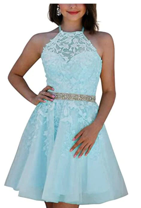 Corset Halter Short Graduation Dress White Lace Cocktail Party Dress for Junior Girls Beaded Belt - View 5 | FashionDia