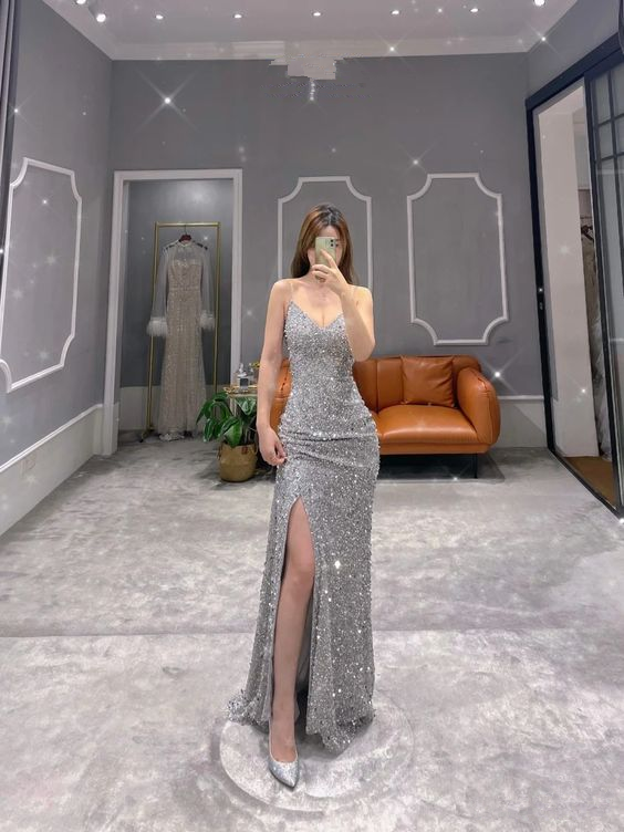 Shiny Sheath Sequin Prom Dress With Split,Glam Dress
