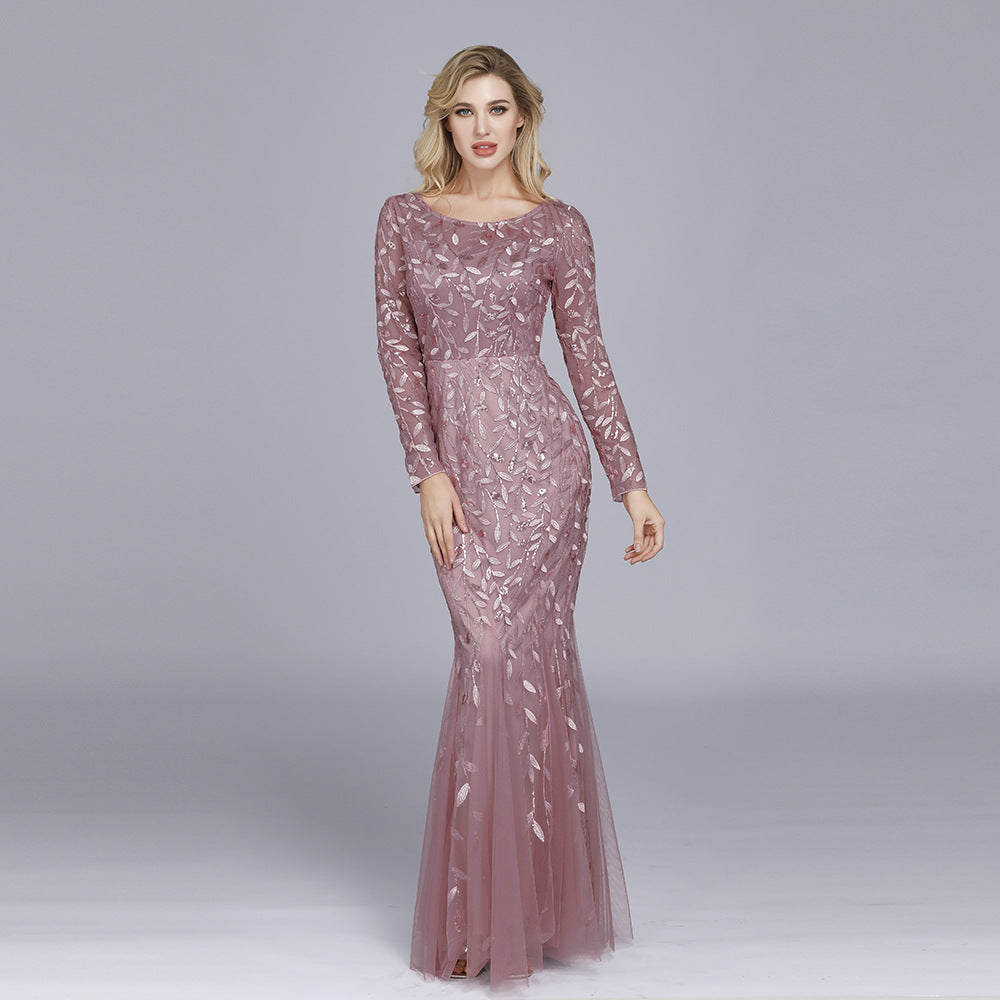Spring Multi-Color Long Sleeve round Neck Fishtail Banquet Evening Dress for Women - View 2 | VelvetHem