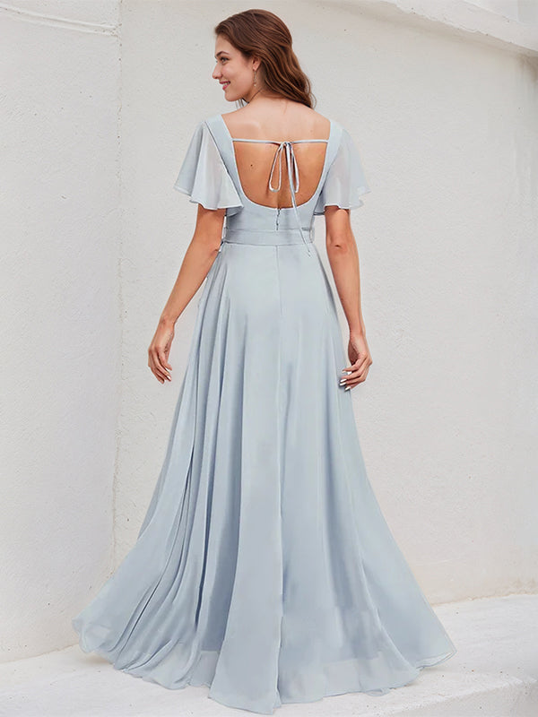 Ice Blue Chiffon A Line Square Neck Short Sleeves Asymmetrical Bridesmaid Dress