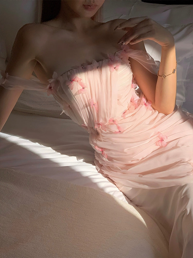Pink Chiffon Long Prom Dress With 3d Butterfly Off-the-Shoulder Sweet Evening Gown