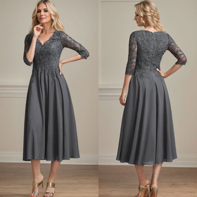 A-line V-Neck Tea-Length Chiffon Lace Mother of the Bride Dress With Beading Sequins - View 7 | FashionDia