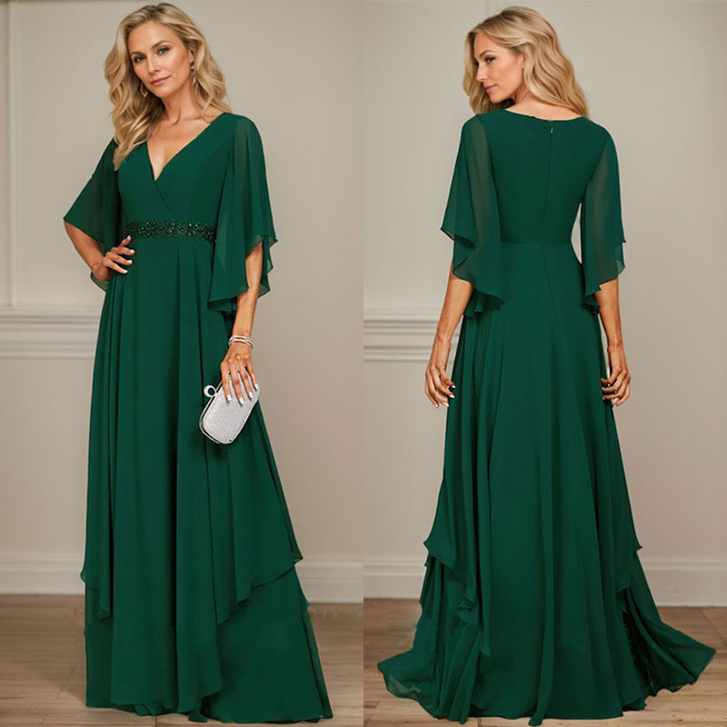 A-line V-Neck Floor-Length Chiffon Mother of the Bride Dress With Sequins Appliques Lace Beading - View 12 | FashionDia