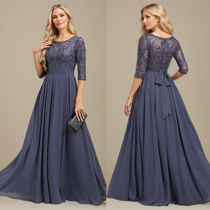 A-Line Scoop Floor-Length Lace Chiffon Mother Of the Bride Dress With Sequins Applique - View 7 | FashionDia