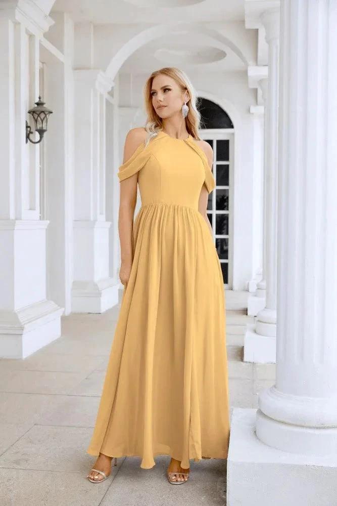 Ladies Chiffon Off Shoulder Swing Sleeve Front Slit Bridesmaid Evening Dress Wedding Party Evening Dress 28117 by numbersea