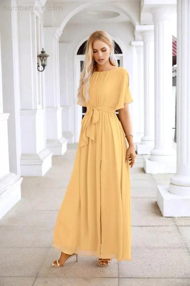 Ladies Chiffon Sleeve Crew Neck Front Slit Floor Length Bridesmaid Evening Dress Wedding Party Evening Dress 28124 (ZD17007)