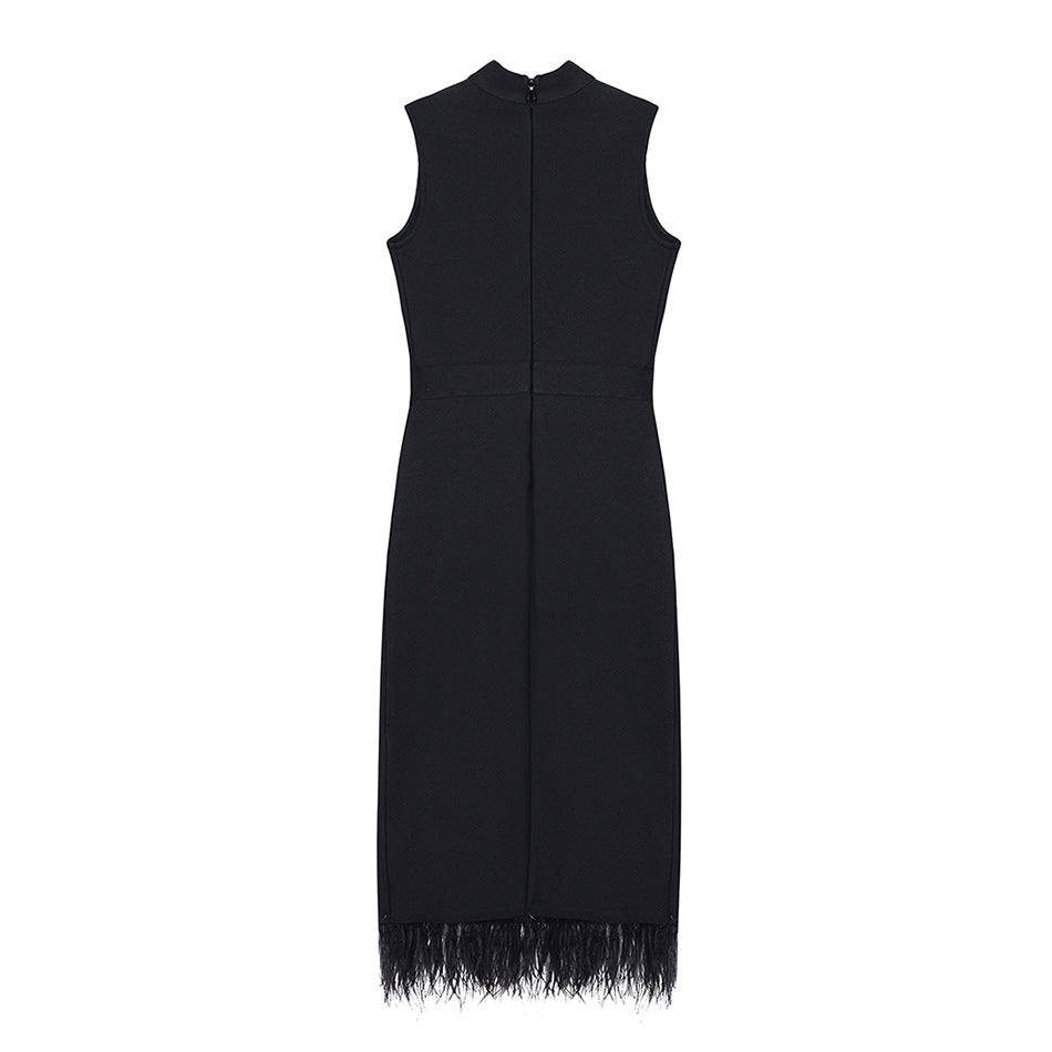 Beaded Belt Bandage Evening Dress Sleeveless Split Feather Party Tight Dress Cocktail - View 3 | VelvetHem