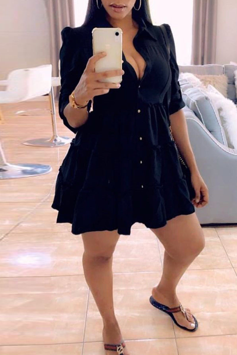 Fashion Casual Solid Turndown Collar Shirt Dress - Fashionpara