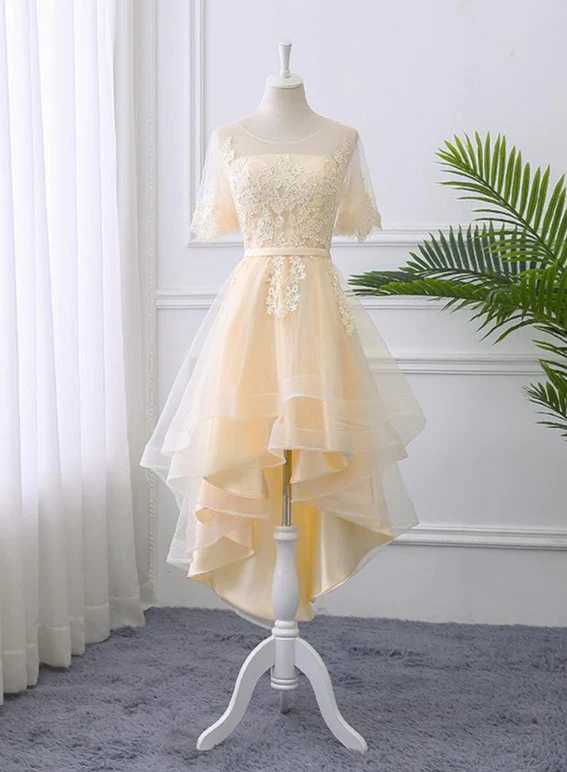 Adorable Light Champagne High-Low Party Dress with Lace Applique, Short Homecoming Dress - FashionDia