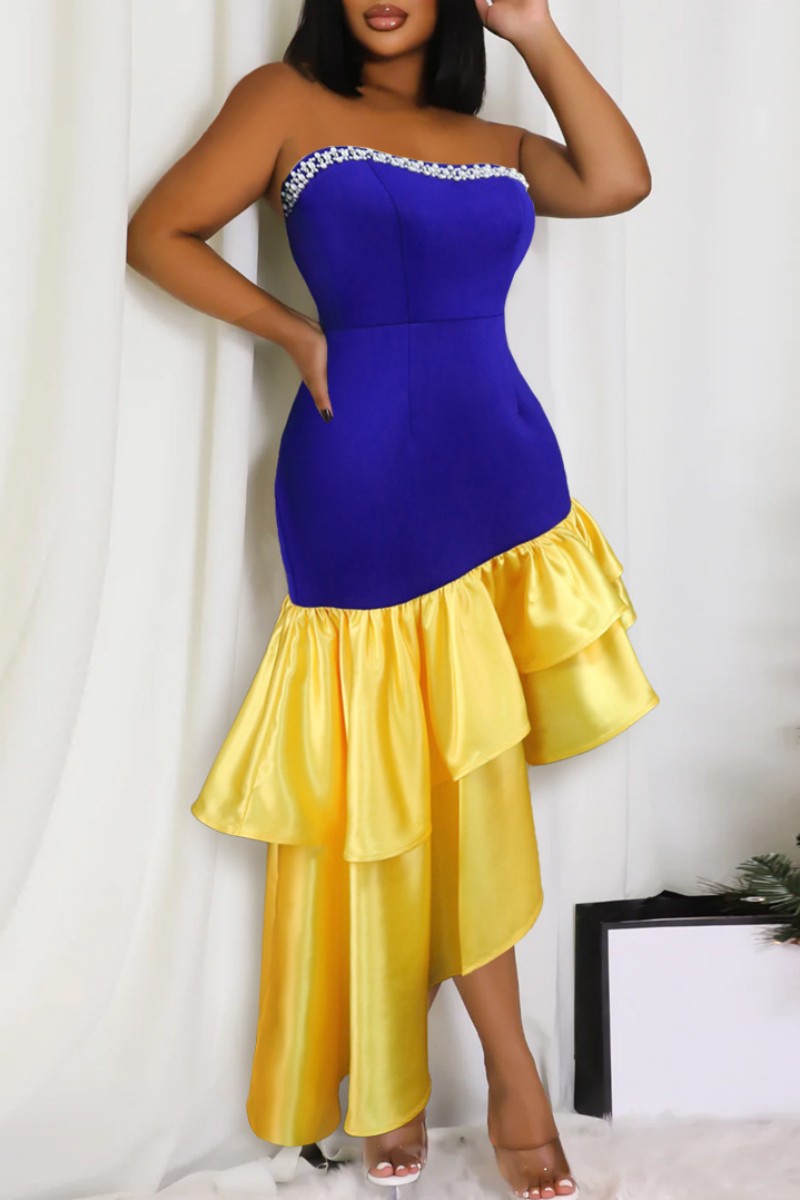 Sexy Formal Patchwork Backless Asymmetrical Contrast Strapless Evening Dress Dresses - VelvetHem
