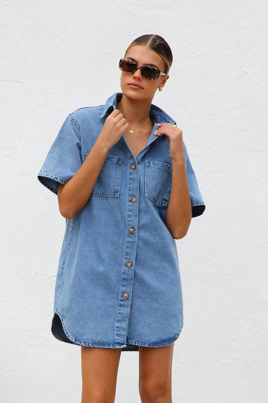 Short Sleeve Shirt Denim Dress - View 6 | VelvetHem