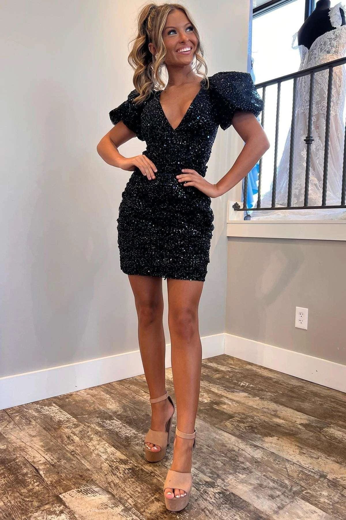 Black Sequin V-Neck Short Sleeve Homecoming Dress Party (ZD12537)