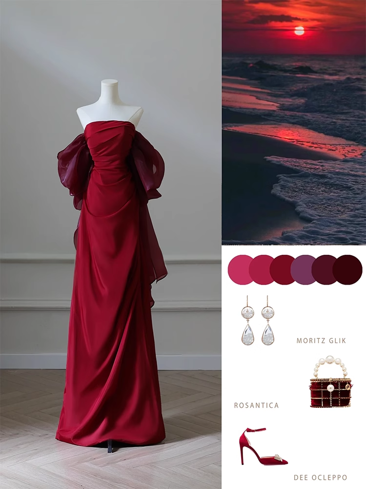 Burgundy Strapless Pleats Prom Dress Elegant Mermaid Evening Dress Wedding Party Dress - View 3 | FashionDia