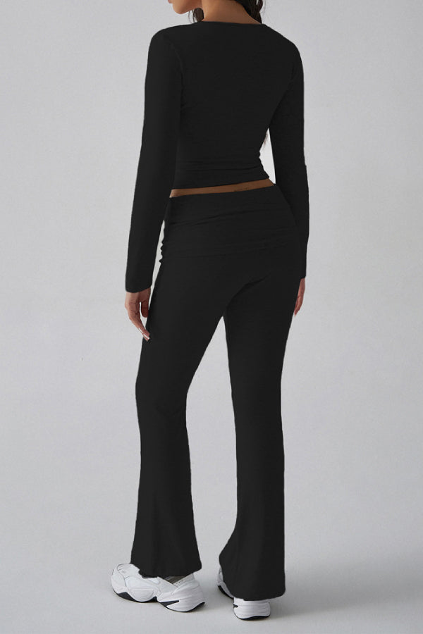 Solid Color Casual Knitted Long-sleeved Top Yoga Wear Two-piece Pants Set