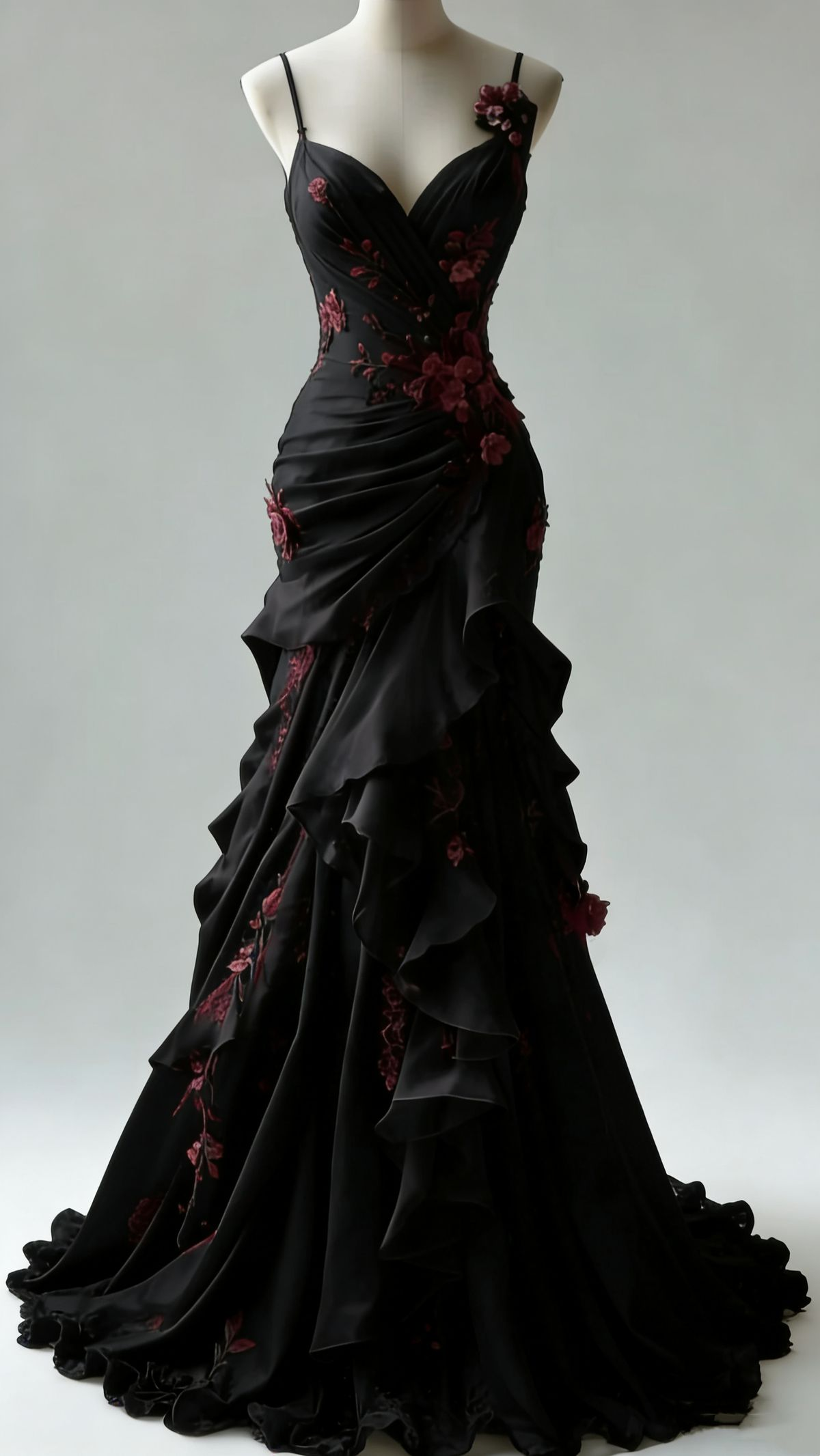 Retro Spaghetti Straps Black Satin Appliques Ruffles Mermaid Evening Dress Long Birthday Party Dress