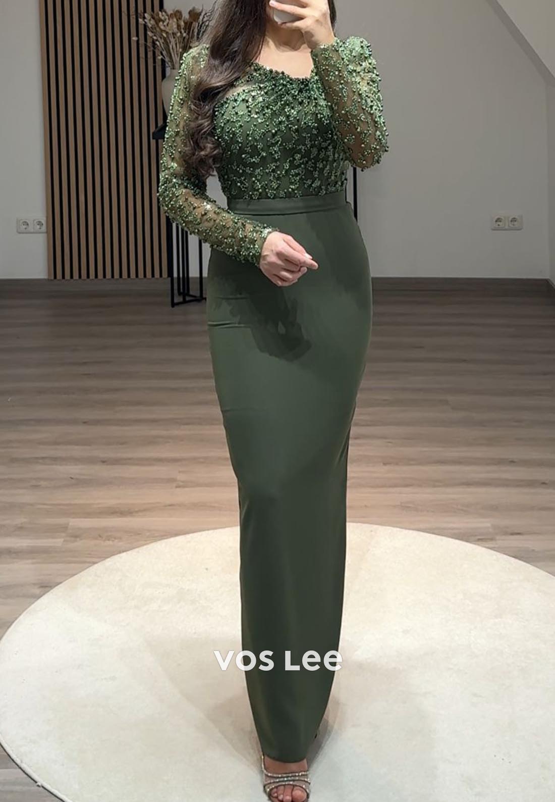 Beading Long Sleeve Scoop Floor-Length Column Formal Evening Dresses
