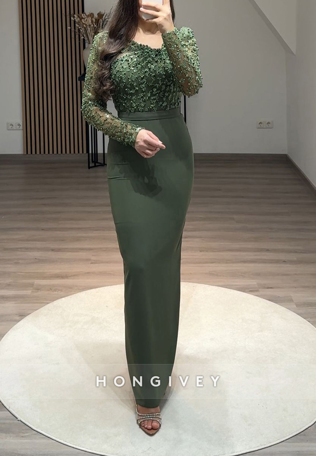 Beading Long Sleeve Scoop Floor-Length Column Formal Evening Dresses