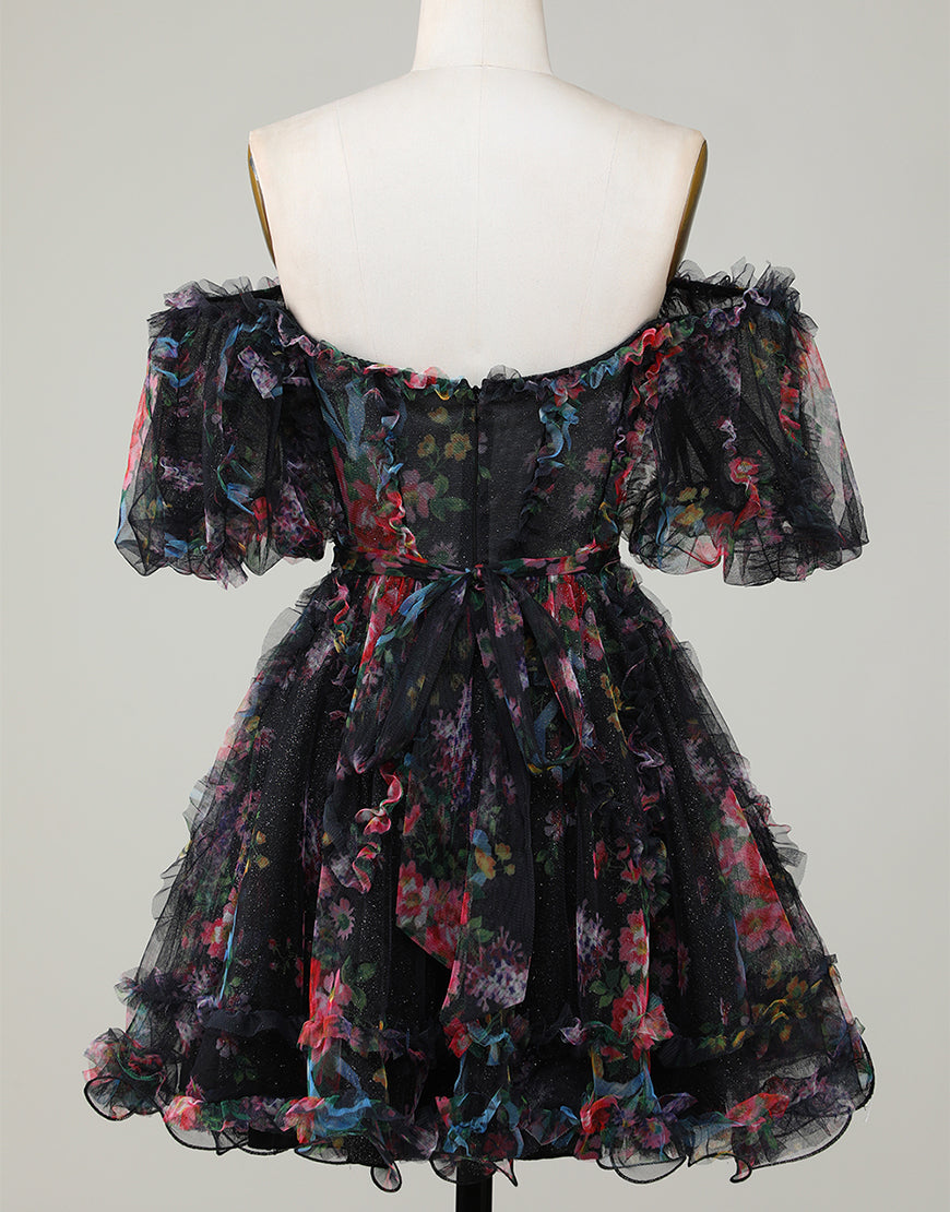 Pretty Fuchsia Puff Sleeves A-Line Short Party Dress