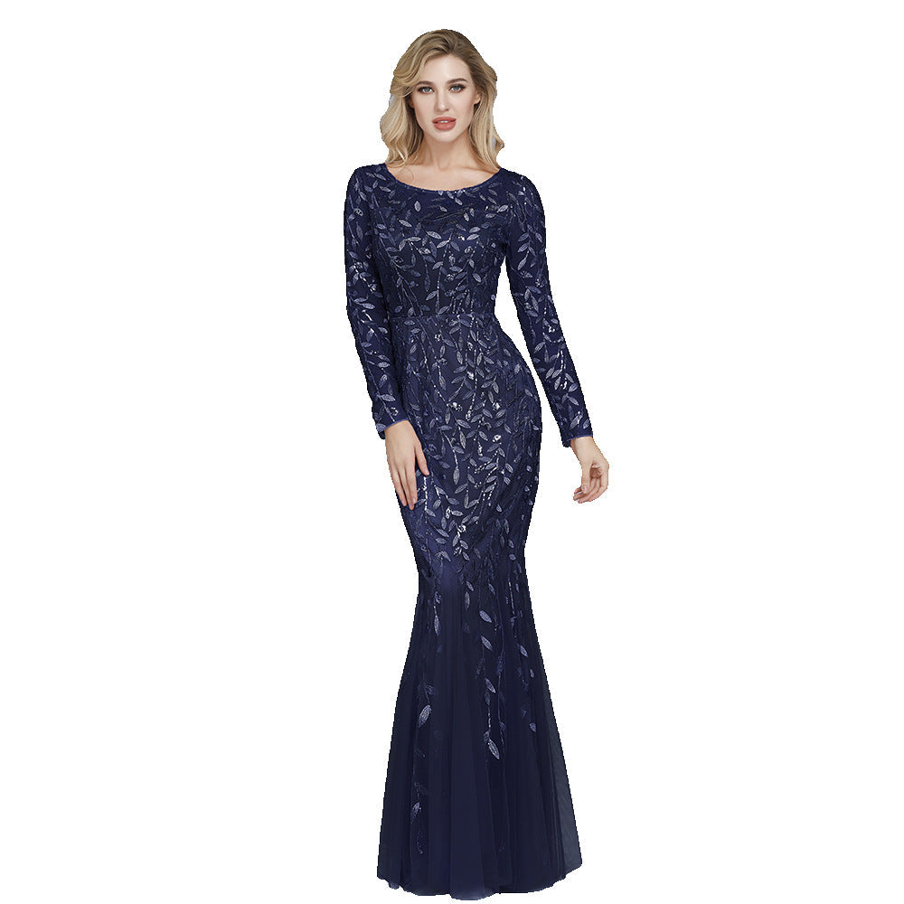 Spring Multi-Color Long Sleeve round Neck Fishtail Banquet Evening Dress for Women - View 4 | VelvetHem
