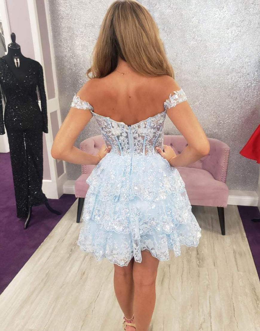 Dark Blue Off The Shoulder A-Line Tiered Short Party Dress