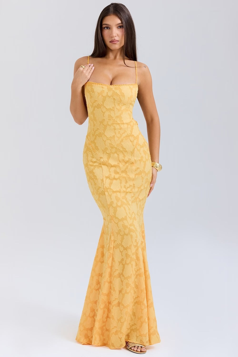 Jacquard Mermaid Cami Maxi Lace Dress - View 7 | VelvetHem
