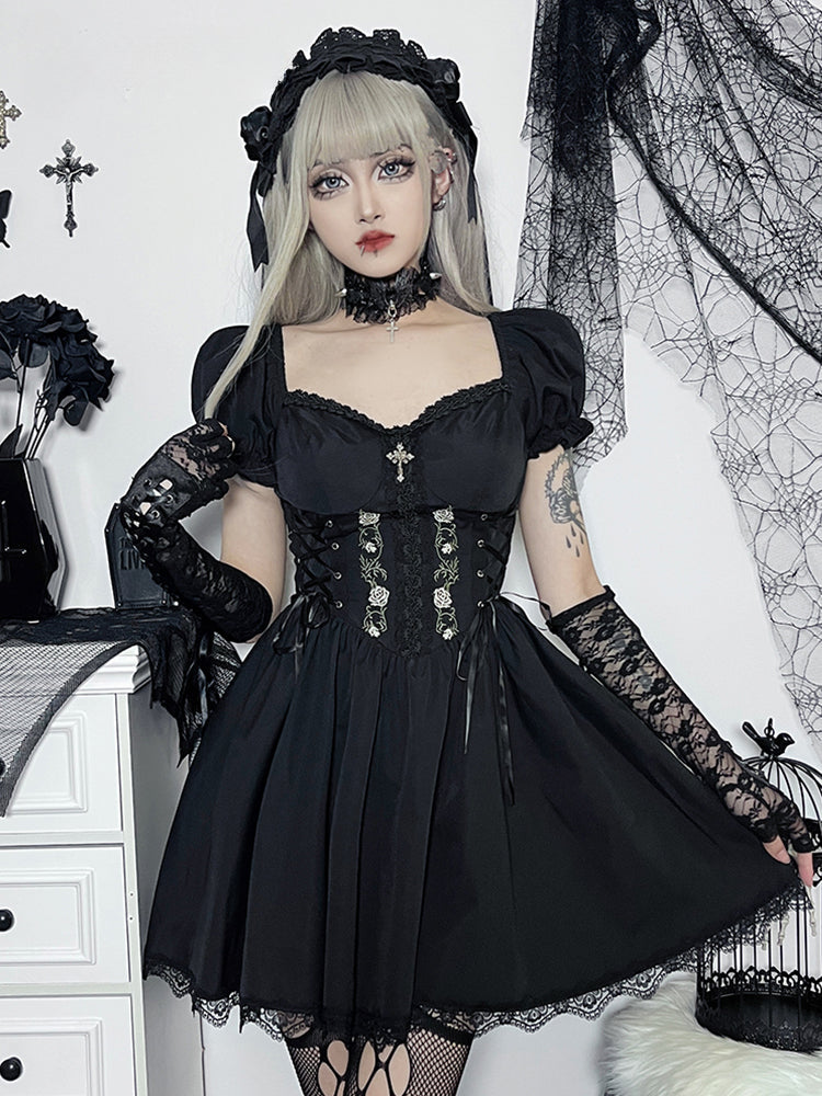 A-Line Pleated Hem Swing Harajuku Summer Lolita Lace Trim Y2K Retro Grunge Streetwear Dress - VelvetHem