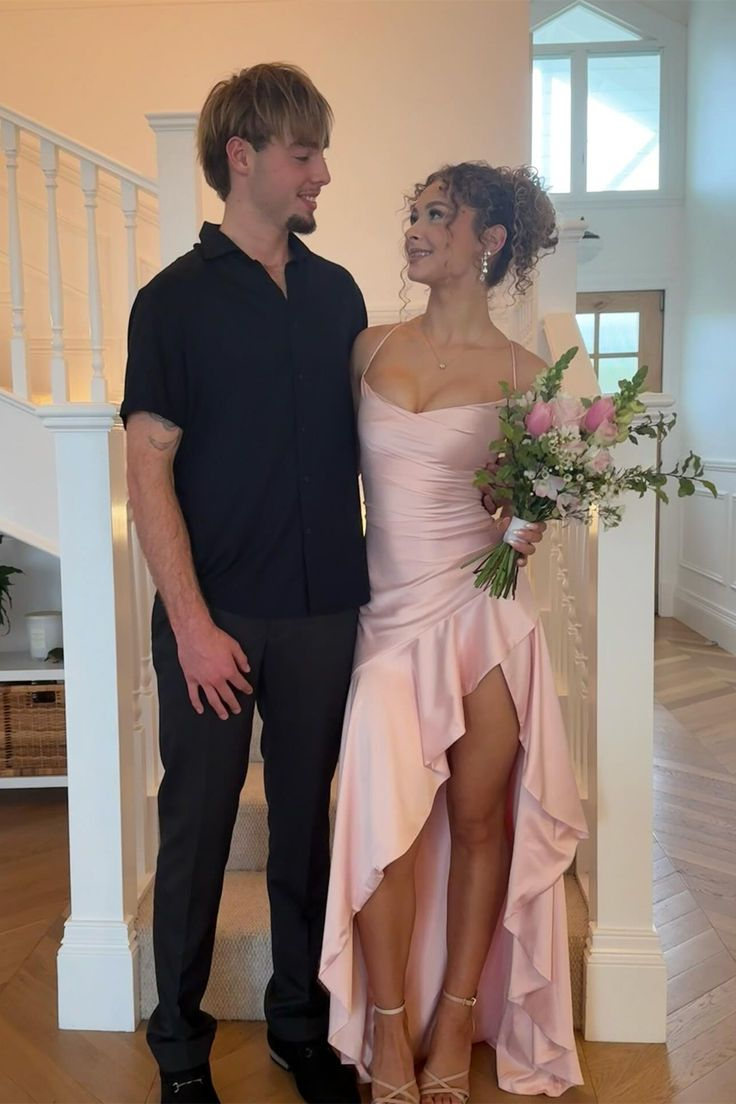 Spaghetti Straps Pink Ruffle Long Dress with Slit J8867