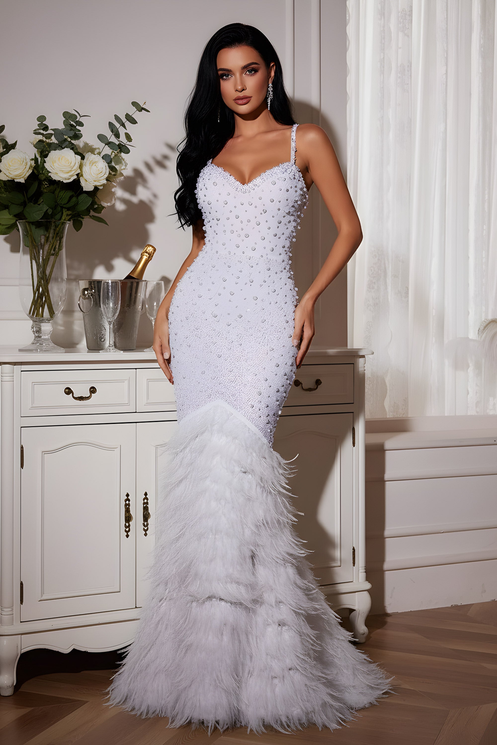 Elegant Beaded Mermaid Evening Gown with Feather Hem