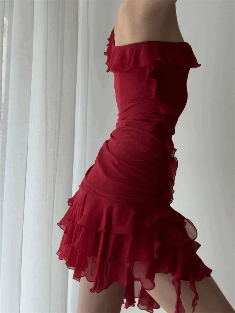 Classy Sleeveless Irregular Ruffles Chiffon Short Party Dress Red One-Shoulder Graduation Homecoming Dress - View 3 | FashionDia