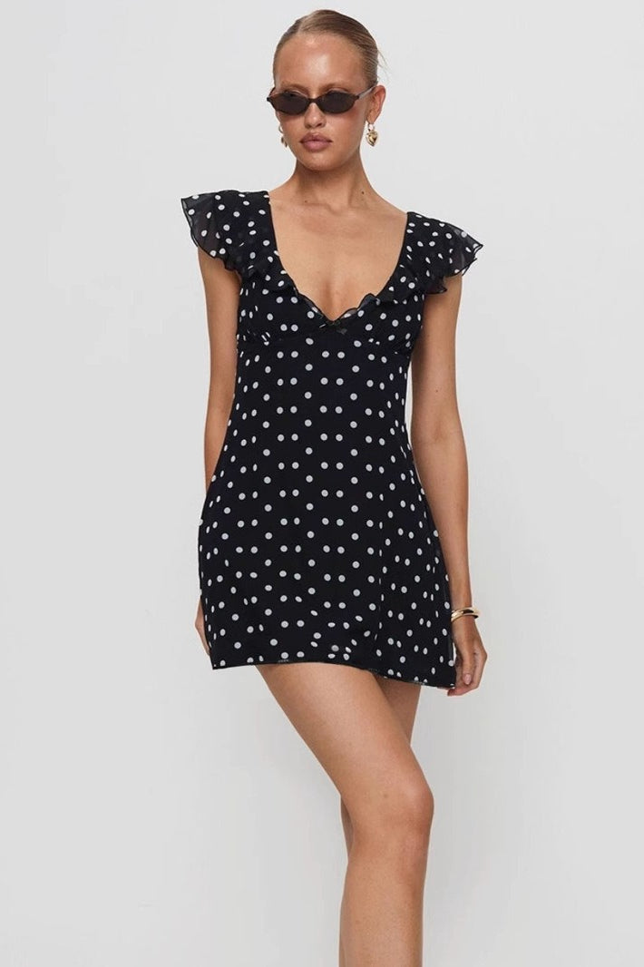 Polka Dot Mesh A-Line Mini Dress - View 2 | VelvetHem