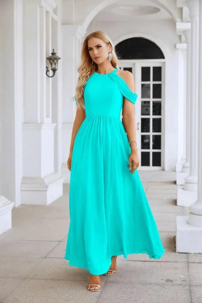 Ladies Chiffon Off Shoulder Swing Sleeve Front Slit Bridesmaid Evening Dress Wedding Party Evening Dress 28117 by numbersea