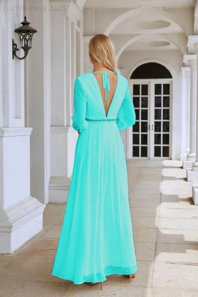 Ladies V Neck Chiffon Long Sleeve Front Slit Bridesmaid Evening Dress Wedding Party Shopping Evening Dress 28109 (ZD16991)