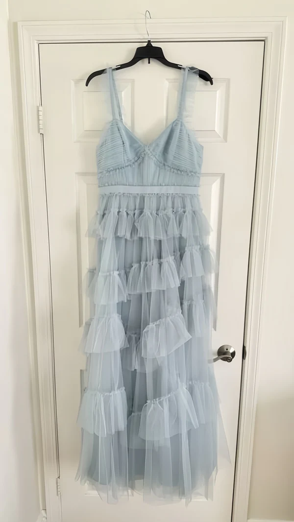 Light Blue Tulle Ruffle Long Prom Dresses Evening Party Dress