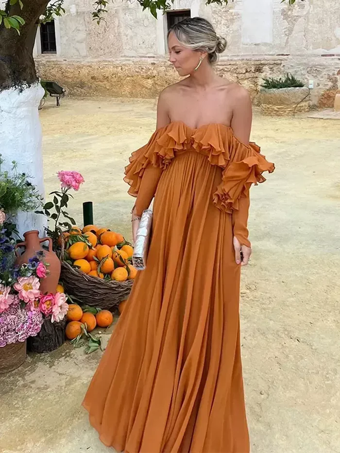 Off-the-Shoulder Chiffon Evening Dresses Ruffles A-Line Wedding Guest Dress