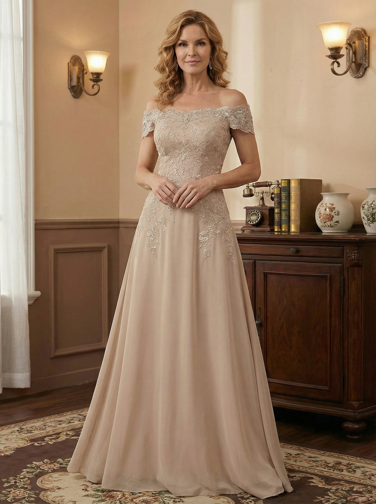 Elegant Taupe Off The Shoulder Sheath Mother of the Bride Dress with Lace - VelvetHem