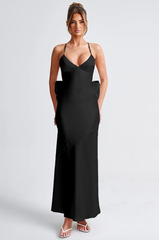 Satin Maxi Dress with Bow Detail Silk Dress - View 3 | VelvetHem