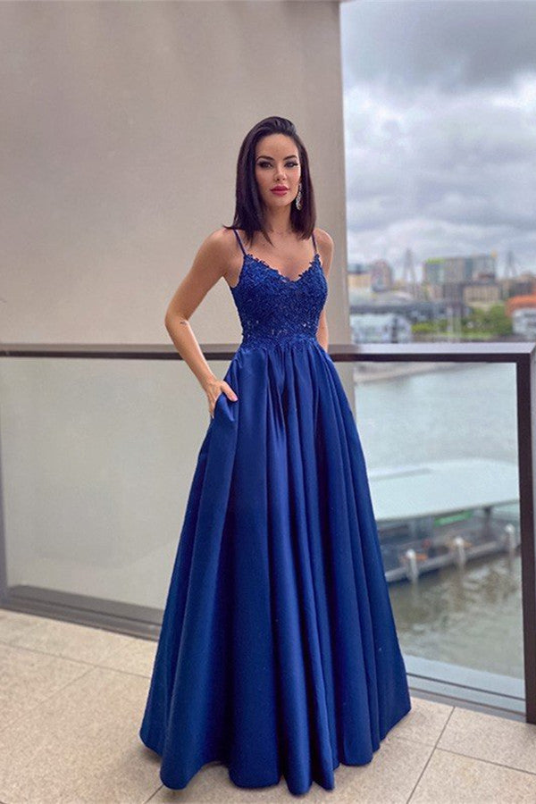 Regal Blue Spaghetti Straps Lace Applique Prom Dress with Elegant Pockets - View 2 | VelvetHem