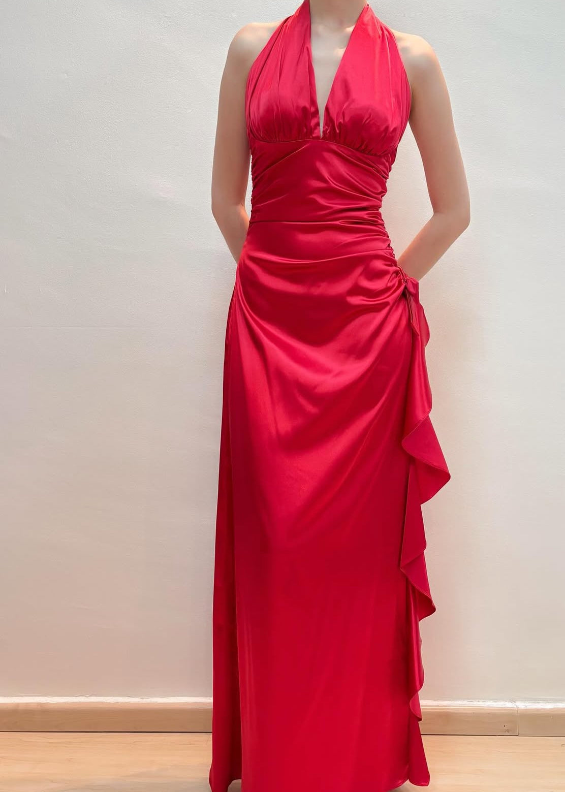 Halter Red Long Prom Dress Satin Ruffle Evening Dress