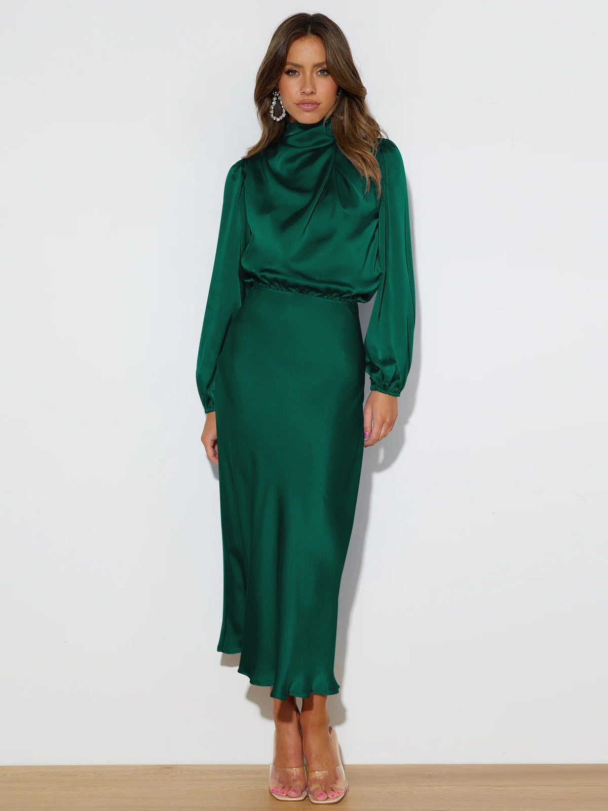 Autumn High Grade Satin Long Sleeve Loose Dress Elegant Women Dress Evening Dress Dress - View 2 | VelvetHem