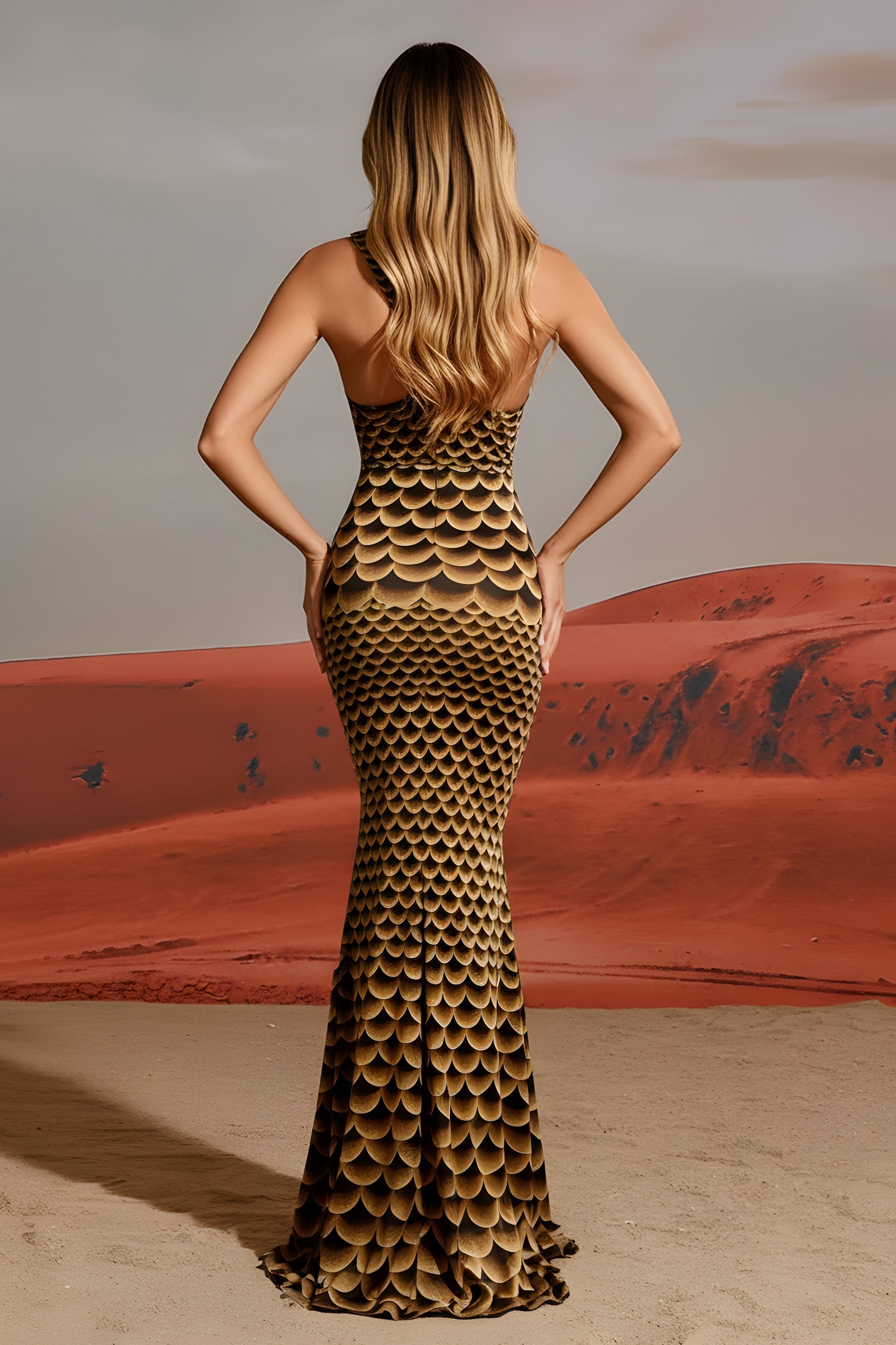 Sleeveless Mermaid Floor Length Gown with Scale Print Pattern