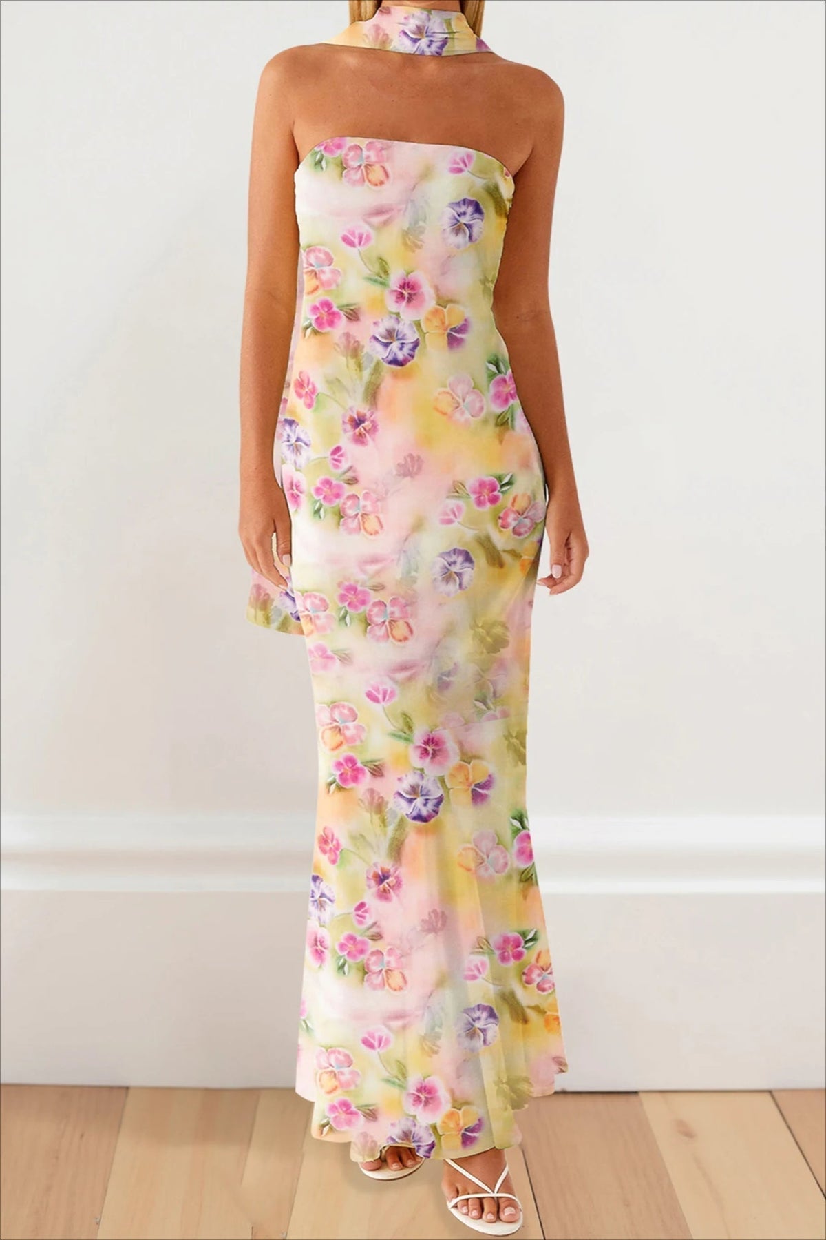Strapless Ruffle Maxi Floral Dress - View 5 | FashionDia