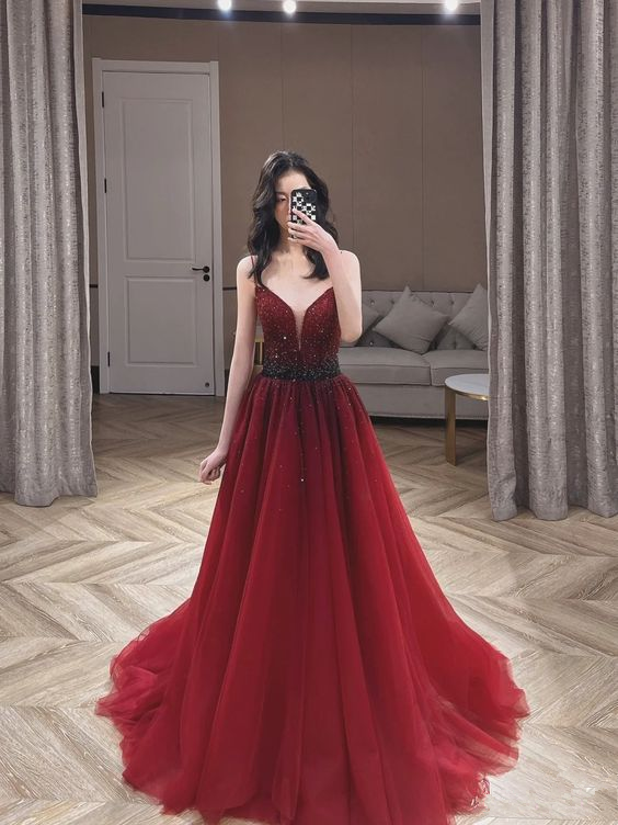 Burgundy Tulle Beaded Long Prom Dress, A-Line Spaghetti Strap Evening Dress - FashionDia
