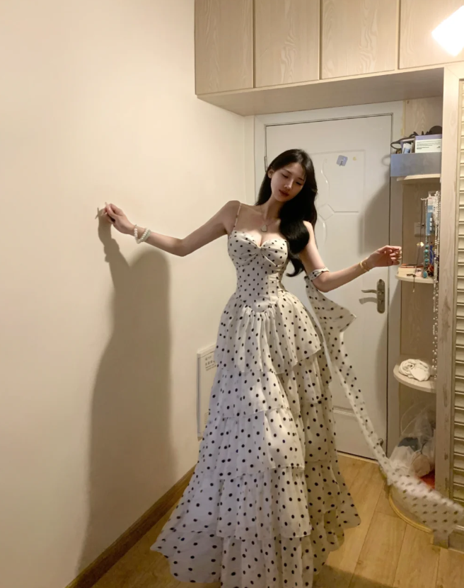 Cute Spaghetti Straps White Chiffon Dot Layered A-Line Long Prom Gown Formal Birthday Party Dress - View 3 | FashionDia