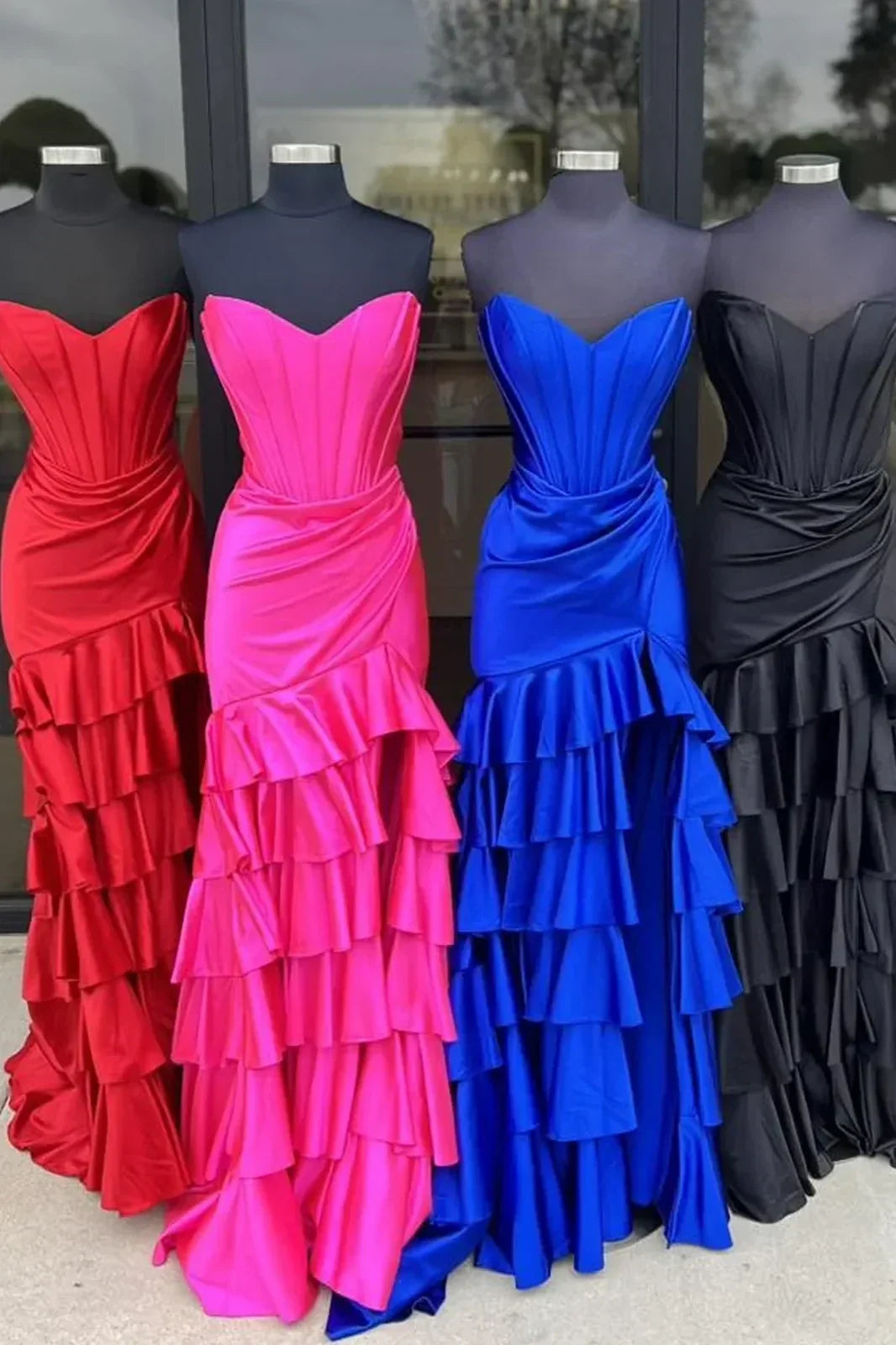 Stylish Mermaid Sweetheart Fuchsia Corset Prom Dress with Split Front Ruffles - FashionDia