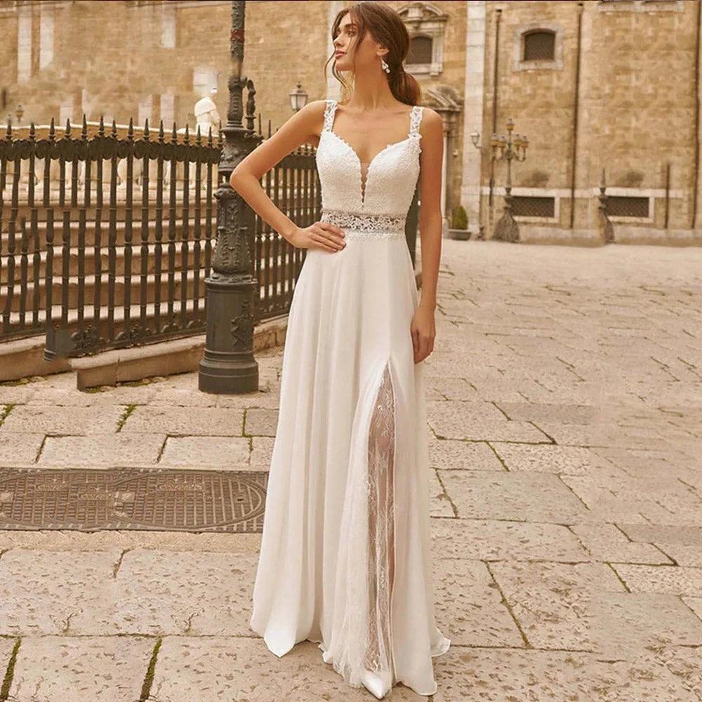 Sweetheart Wedding Dresses for Woman Lace Appliques Boho Bridal Gowns Slit Sleeveless Boho vestidos de novia boda civil (ZD13362)